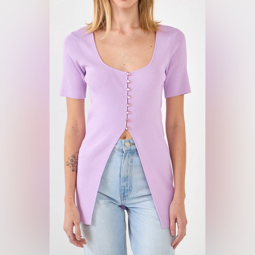 💜 Short Sleeve Long Knit Top, Women’s Large
